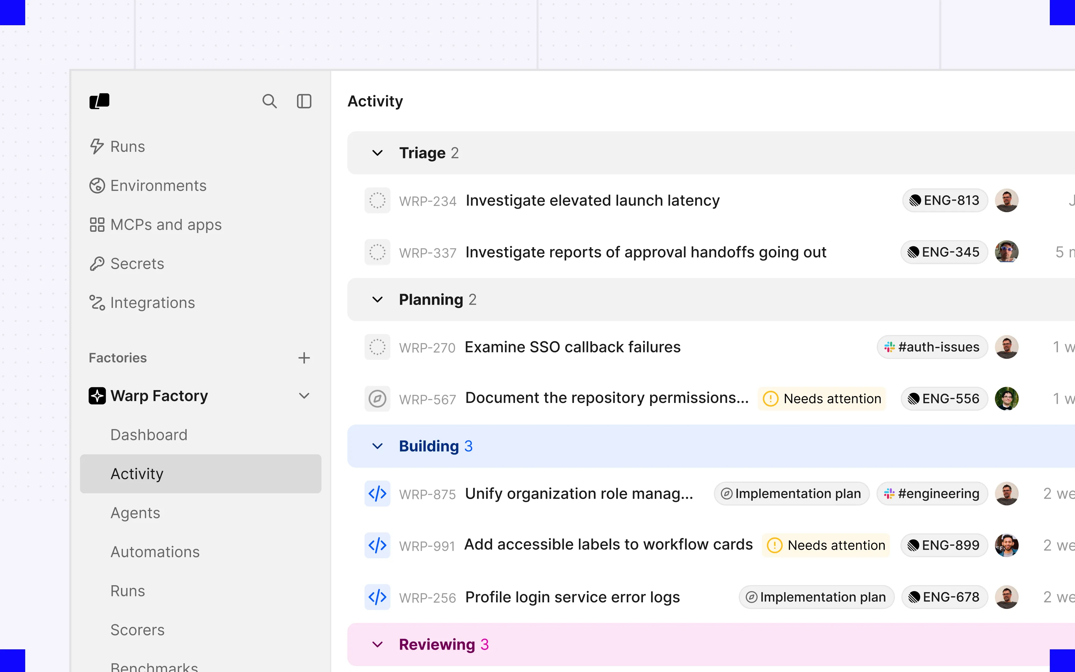 The Activity page of the factory dashboard, listing work items grouped under Triage, Planning, Building, and Reviewing.